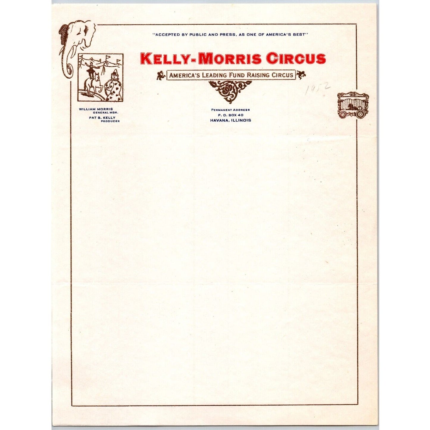 Kelly Morris "America's Leading Fund Raising Circus" Letterhead c1952 Scarce