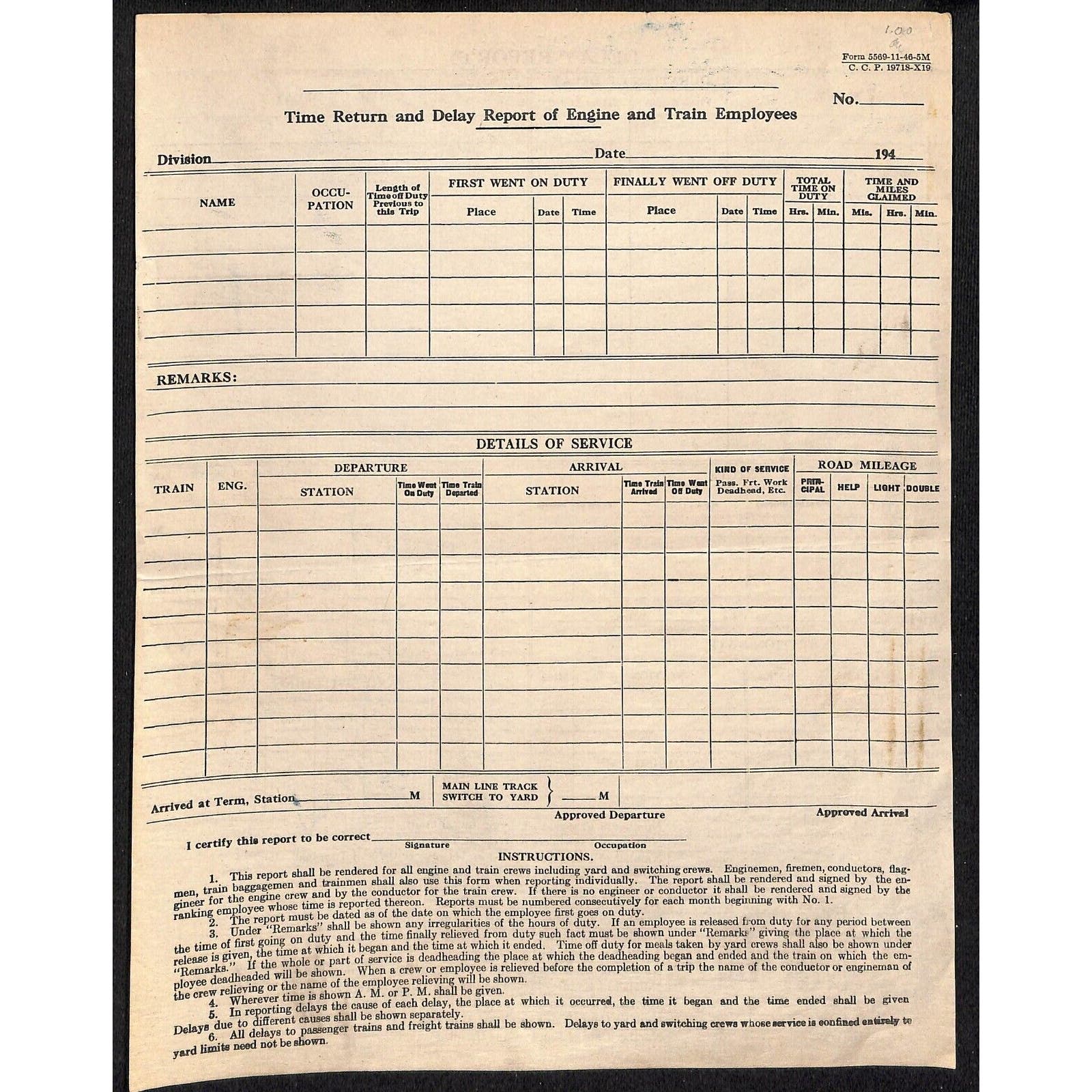 Railroad Time Return & Delay Report Form c1947 Unused – Jerry's Vintage ...