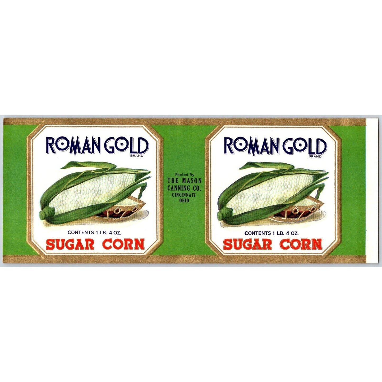 Roman Gold Sugar Corn Paper Can Label Mason Canning Cincinnati c1917-20's VGC