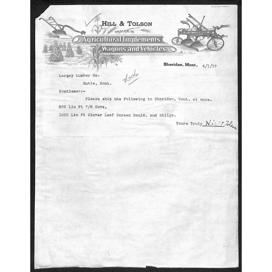 Hill & Tolson Agricultural Implements Wagons Sheridan, MT 1919 Letterhead Scarce