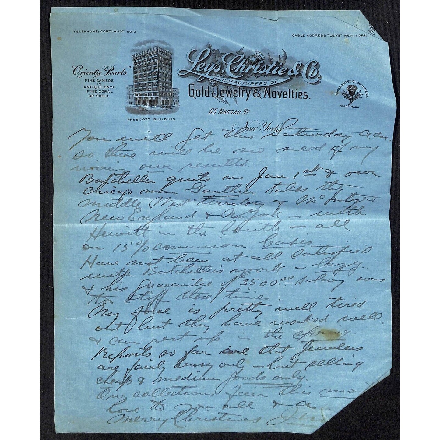 3 Leys, Christie 1921 Letterheads Gold Jewelry Prescott Building NYC