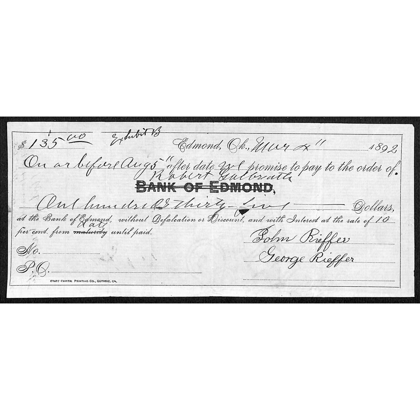 Edmond, OK 1892 Territorial $135 10% Promissory Note - Scarce