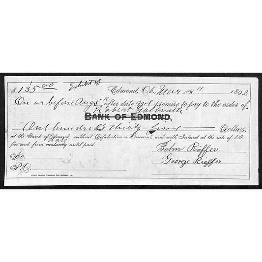 Edmond, OK 1892 Territorial $135 10% Promissory Note - Scarce