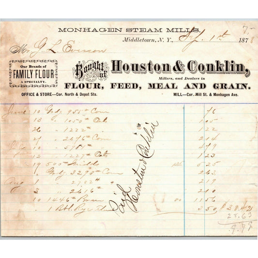 Houston & Conklin 1878 Letterhead Middletown, LI, NY Flour Feed Meal Grain Mills