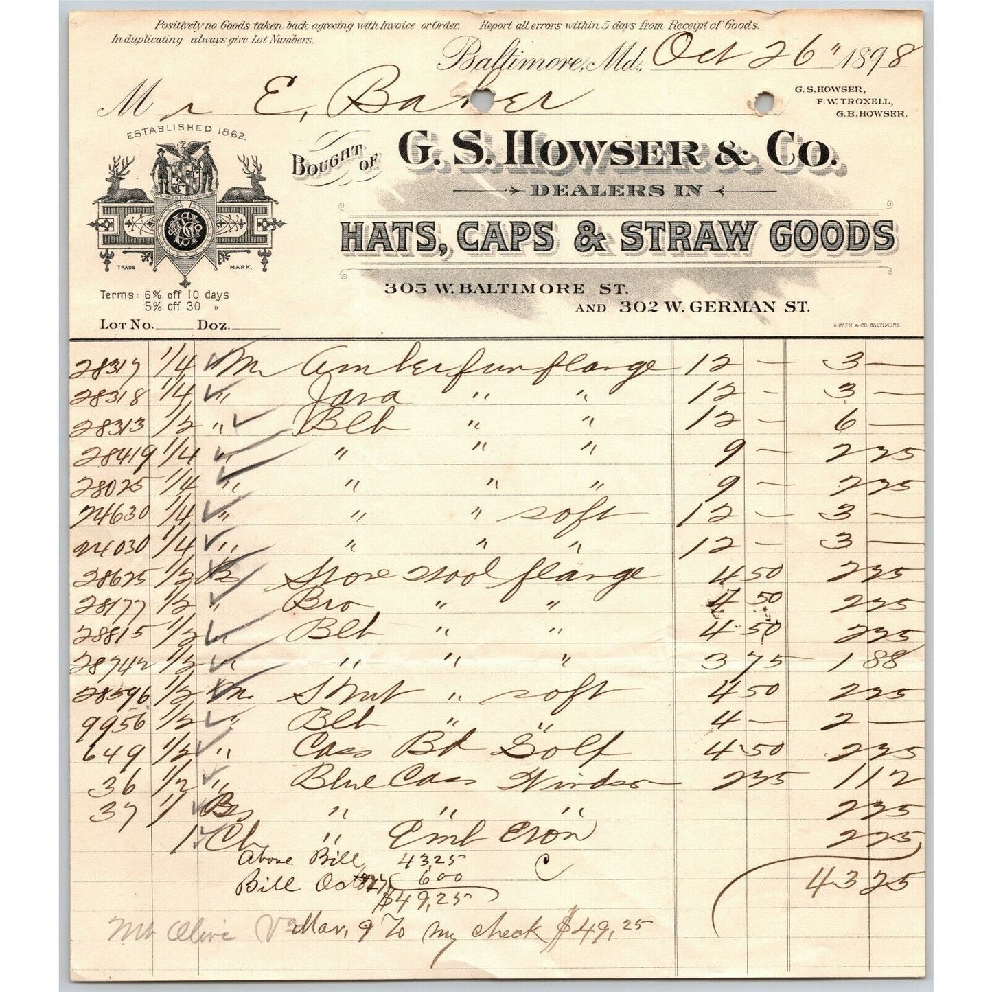 1898 Letterhead Billhead G.S. Howser & Co. Straw Goods Baltimore Ephraim Baker*