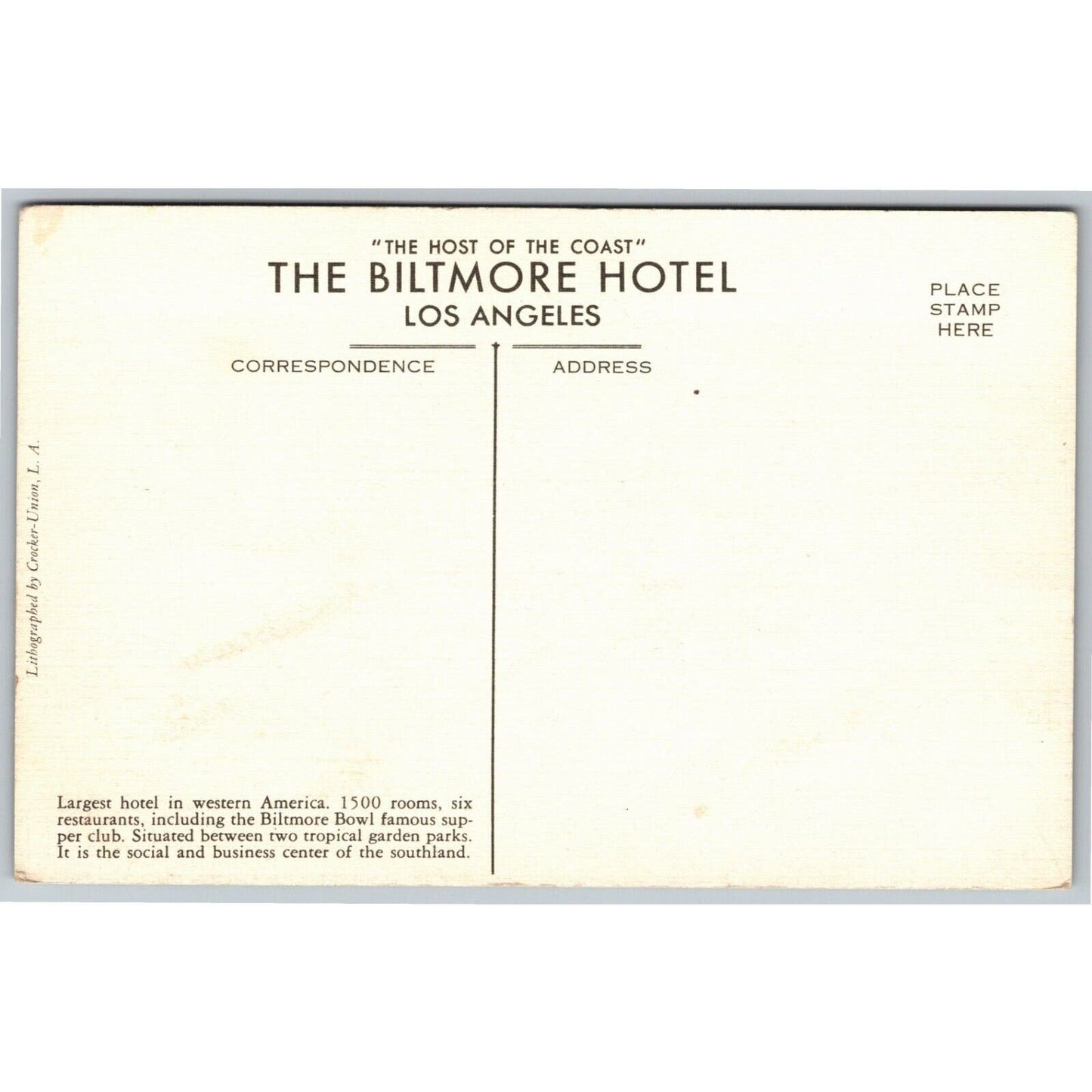 Los Angeles Biltmore Hotel Linen Postcard c1930's-40's NP VGC