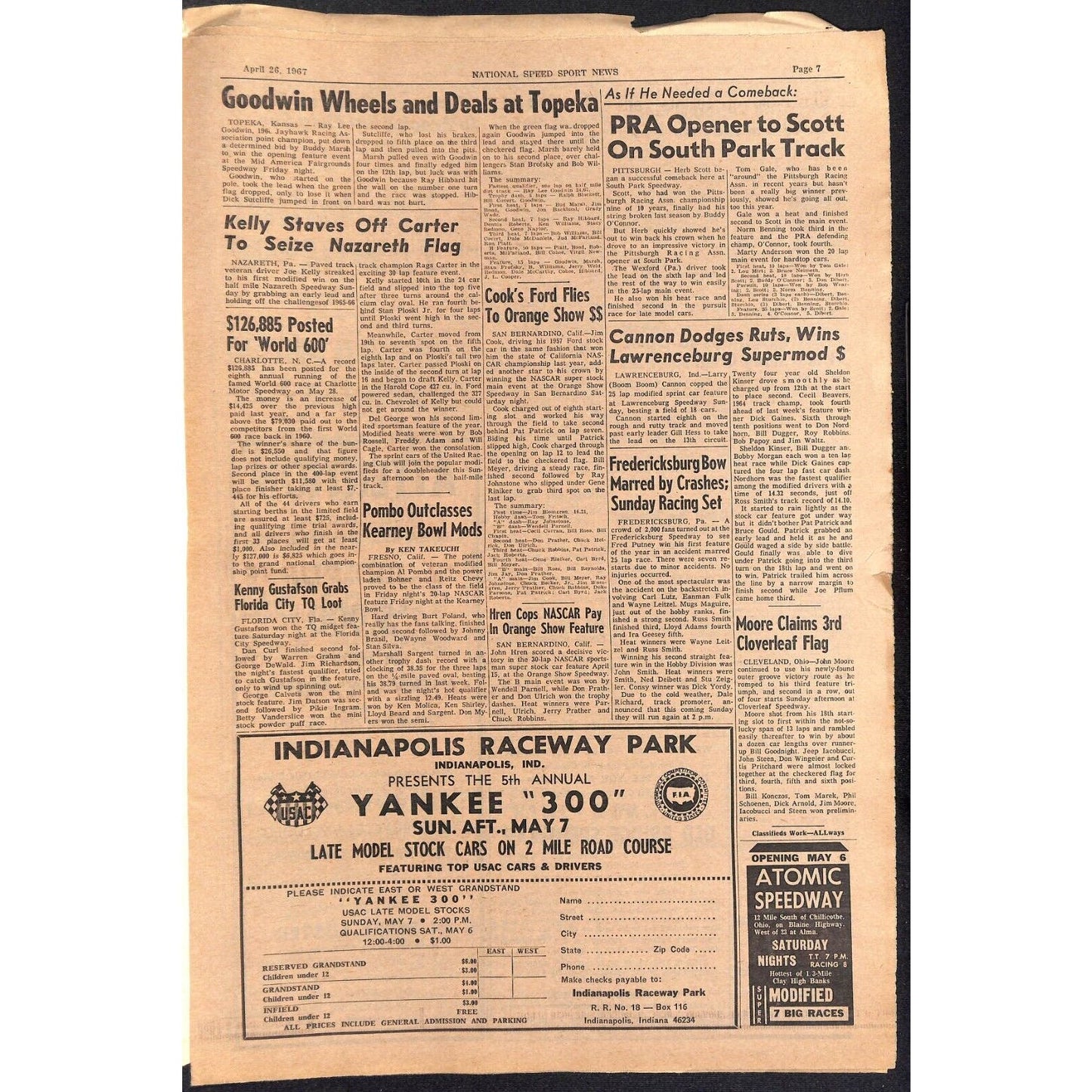 National Speed Sport News 4/26 1967 Andretti Wins / Lorenzen Quits Racing 19pp