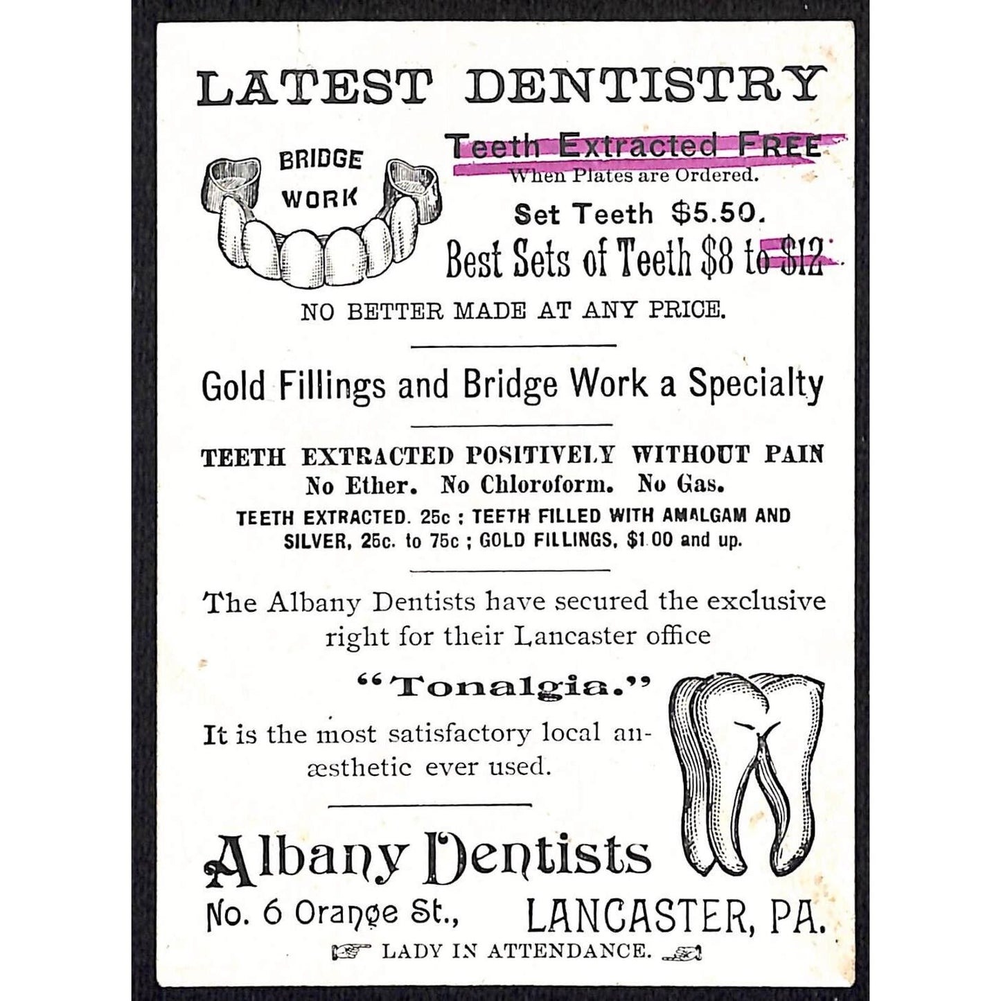 Lancaster, PA Victorian Trade Card Albany Dentists Tonalgia Anesthetic (Cocaine)