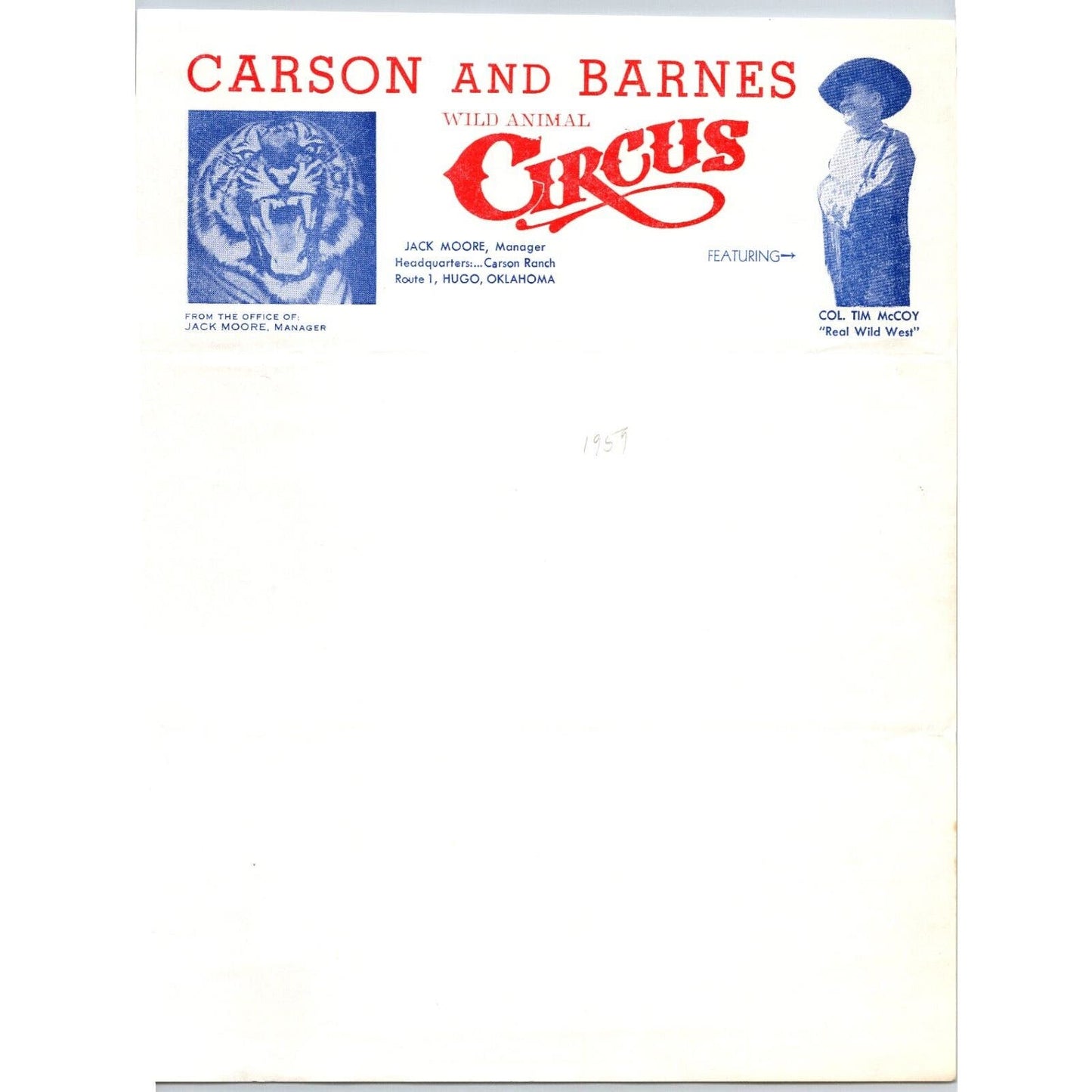 Carson and Barnes Wild Animal Letterhead c1959 "Col. Tim McCoy" Real Wild West