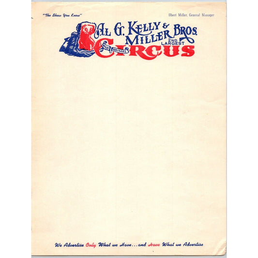 Al G. Kelly - Miller Bros. Wild Animal Circus Letterhead c1962 Scarce