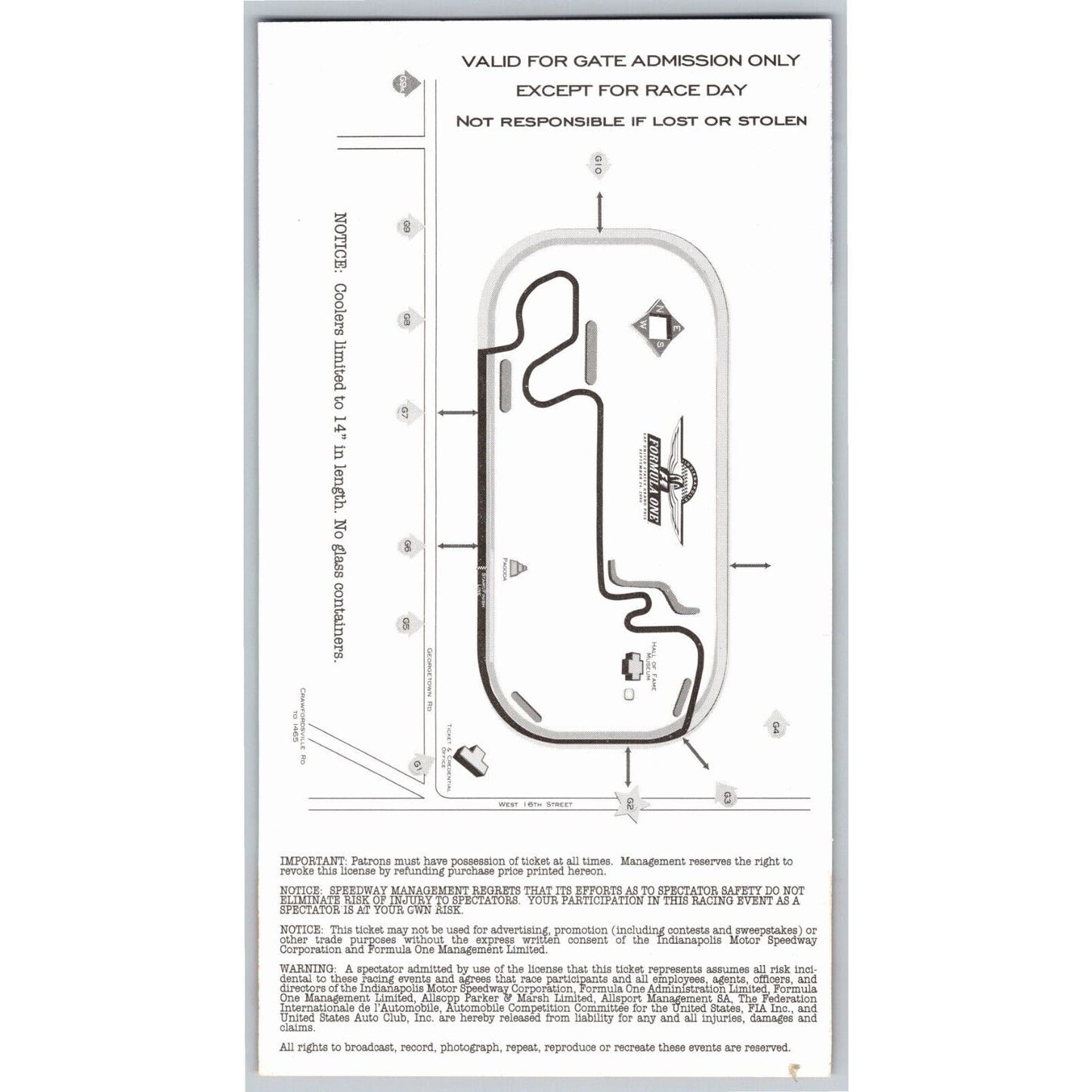 2000 Indianapolis Formula One Grand Prix Racing Fri & Sat Gate Ticket #39986