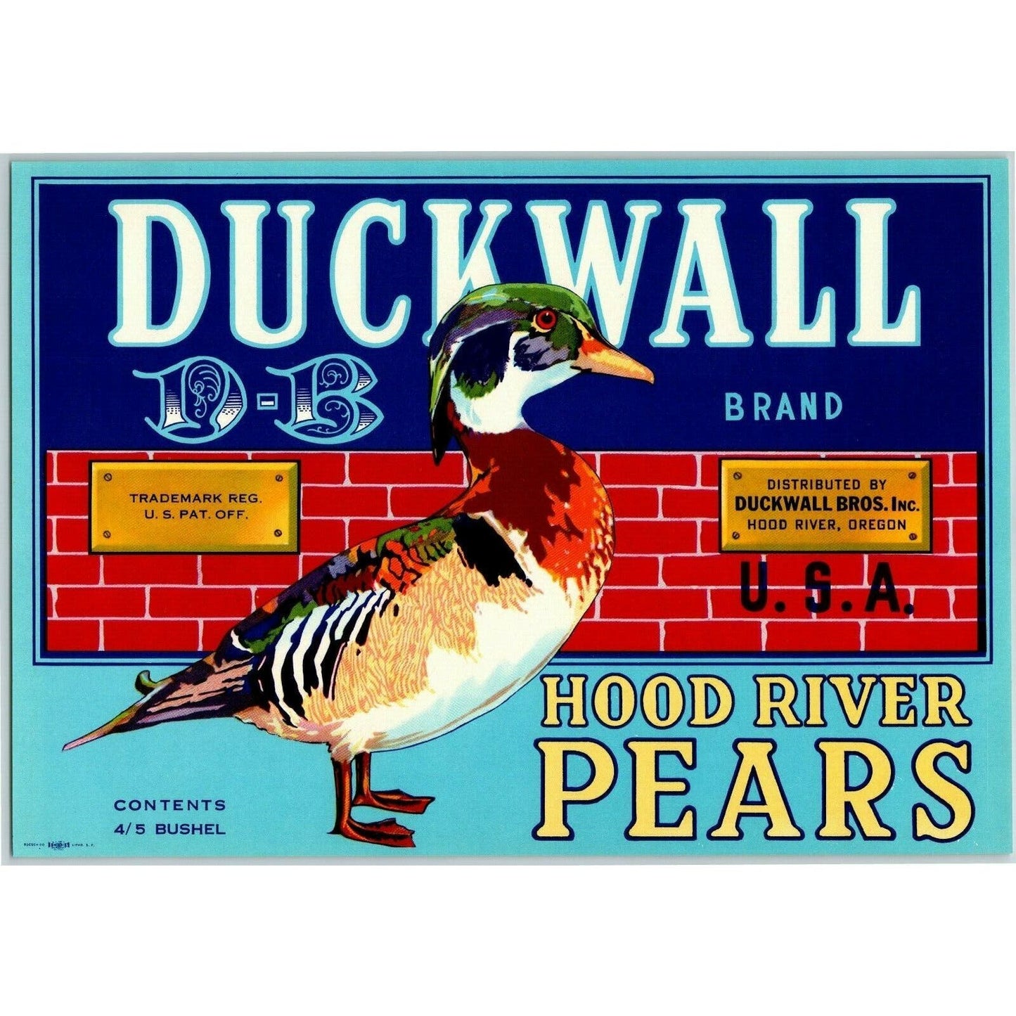Duckwall Hood River Pears Vintage Original Paper Fruit Crate Label Oregon Blue