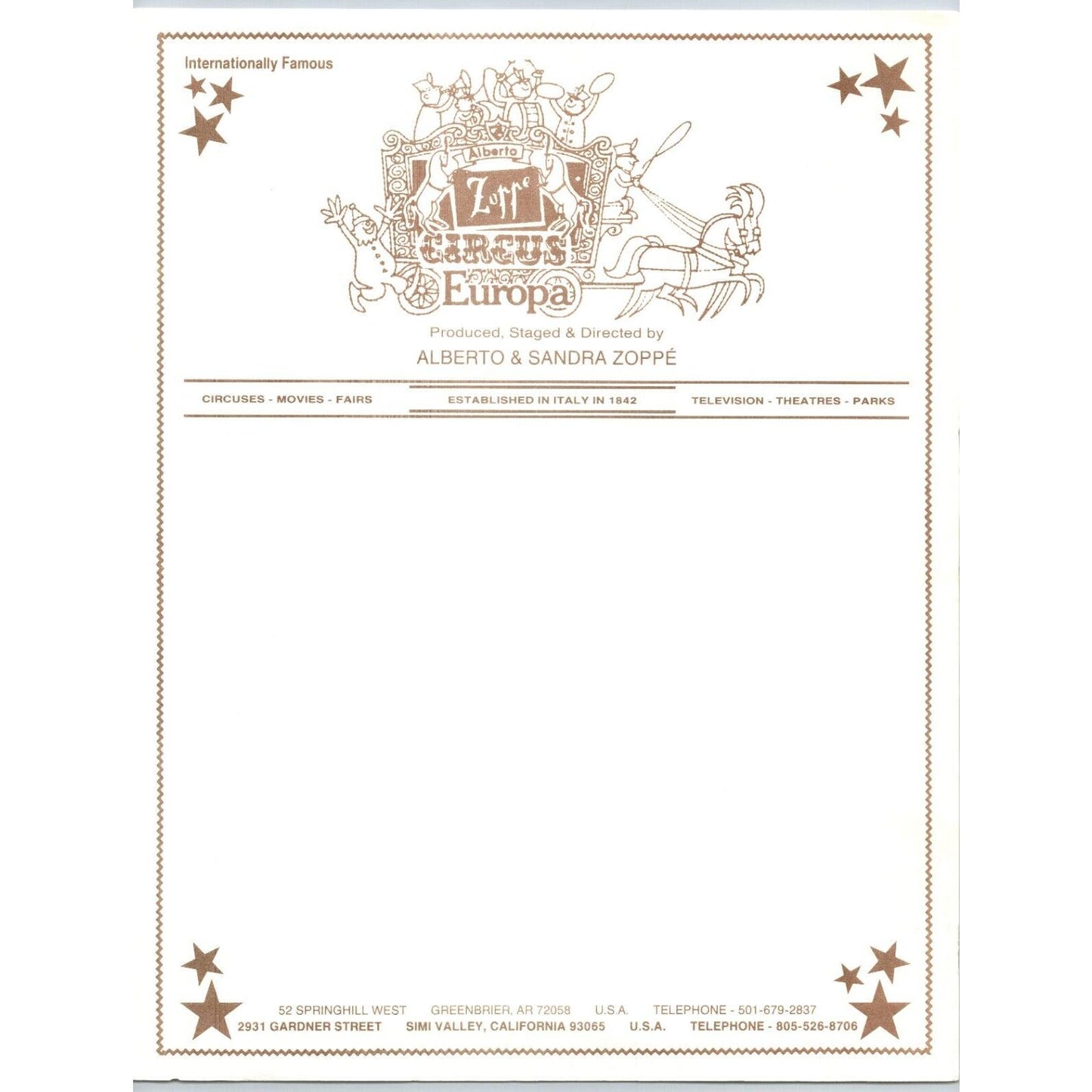 Zoppé Circus Europa Letterhead c1993 Circus Wagon Scarce