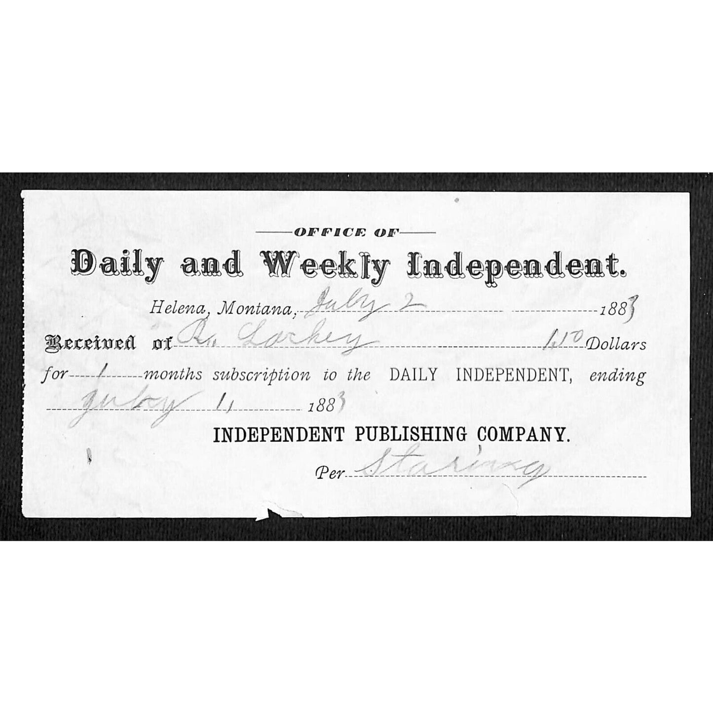 Helena Montana Daily and Weekly Independent 1883 Receipt / Billhead