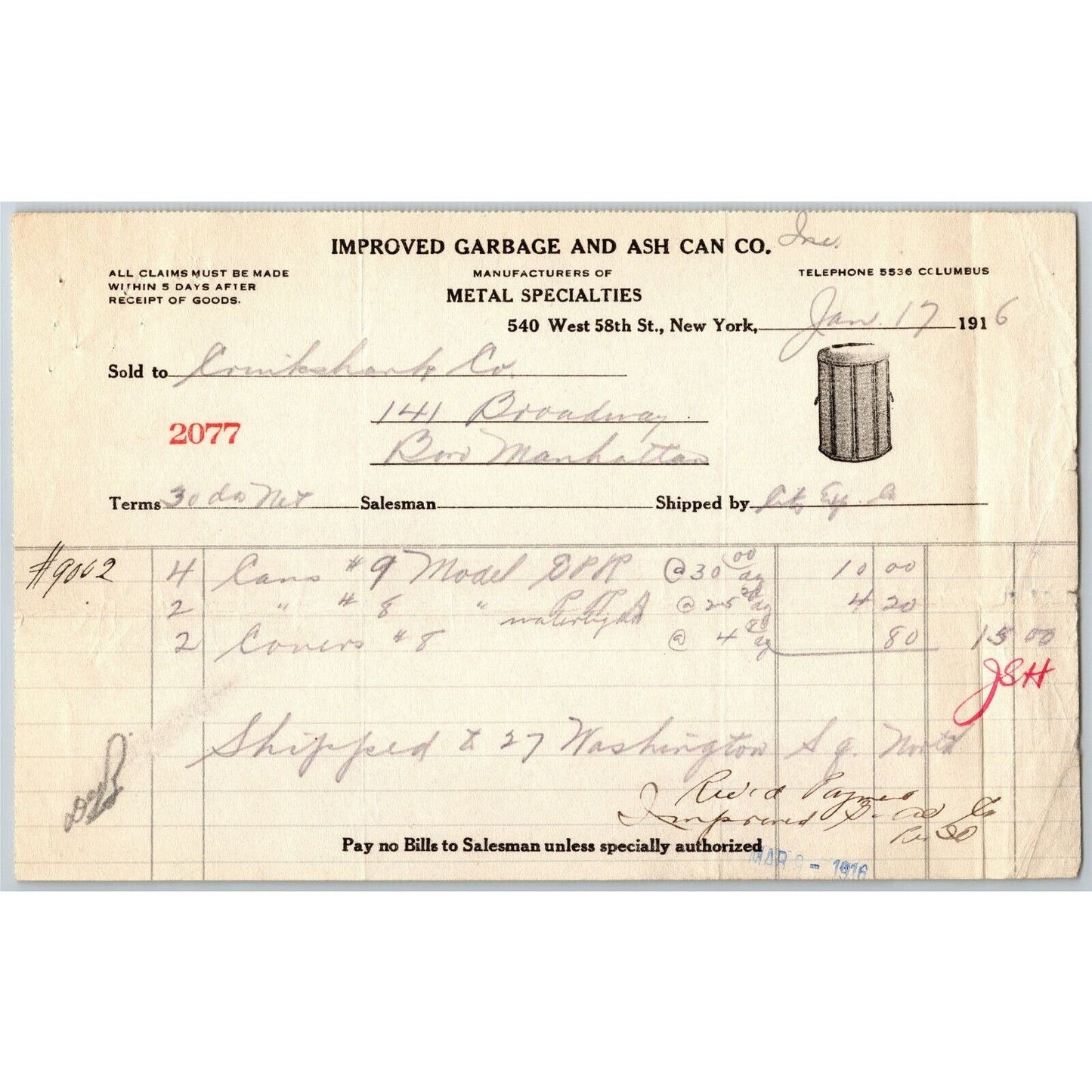 1916 "Improved Garbage and Ash Can Co," Billhead Letterhead 540 W. 58th St. NYC
