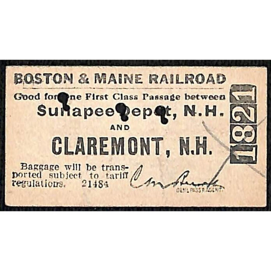 Boston & Maine Railroad Ticket 1916 Claremont / Sunapee Depot, NH #1821
