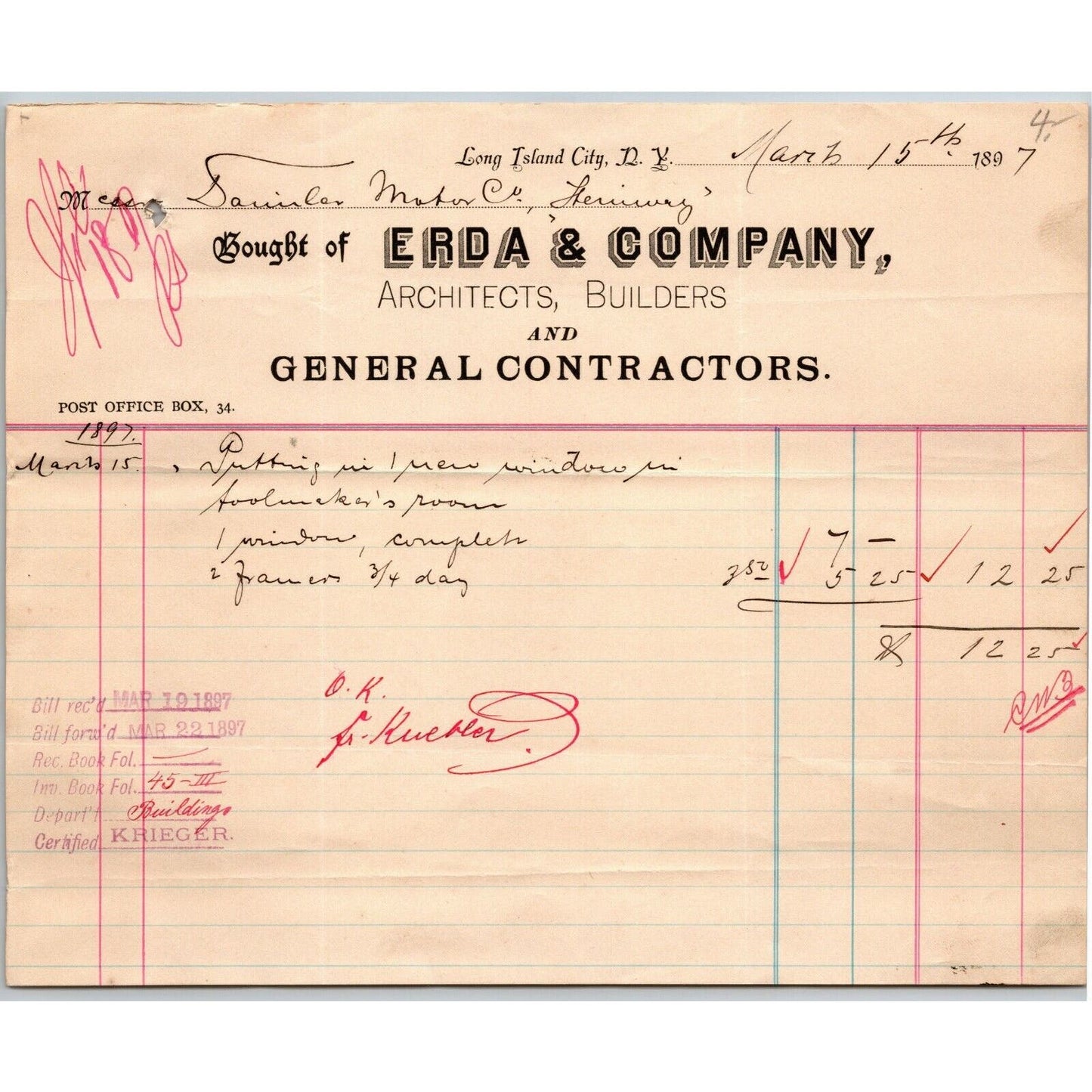 ERDA & Co. Architects1897 Letterhead LIC, NY to Daimler Motors / Steinway