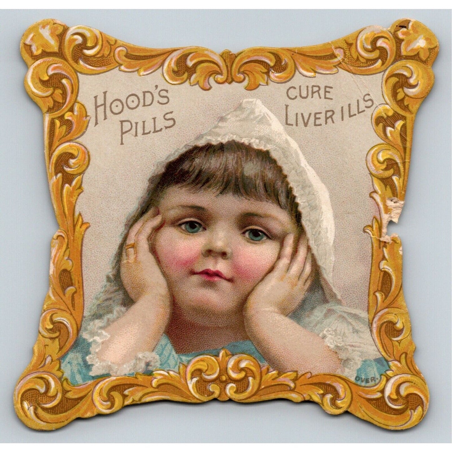 Die Cut Victorian Trade Card Hood's Liver Pills Lowell, MASS Girl - Fancy Frame