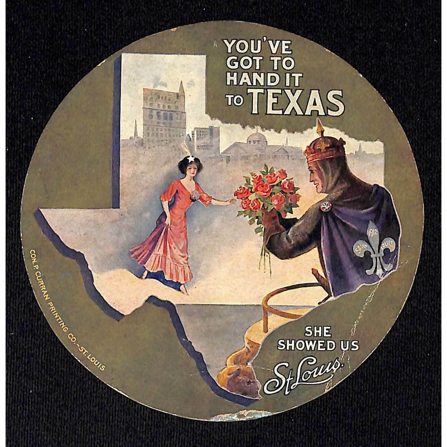 c1915 Round "You've Got to Hand It to Texas, She Showed Us St. Louis" Postcard