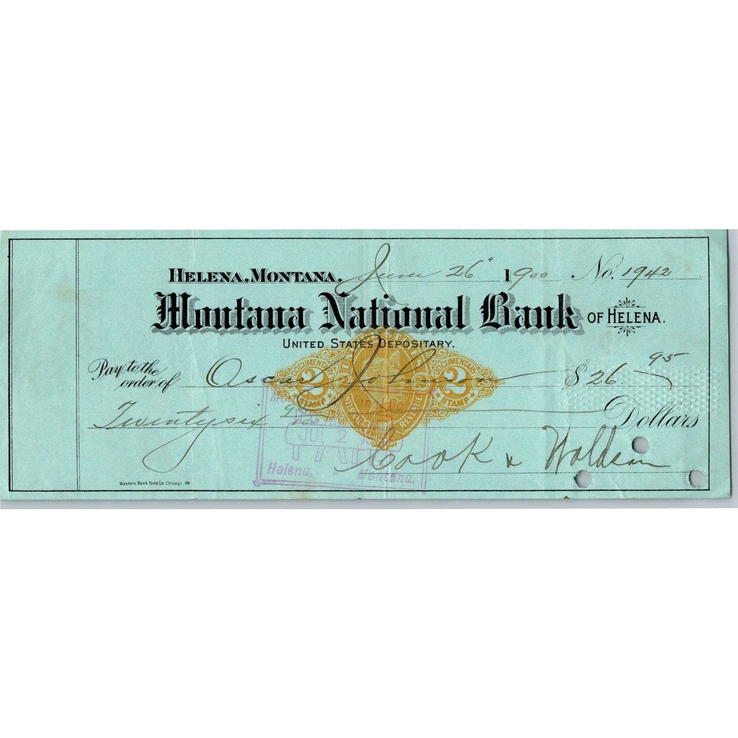 Helena Montana National Bank Check 1900 w/ RN Underprint