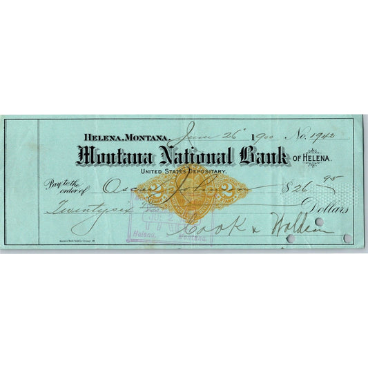 Helena Montana National Bank Check 1900 w/ RN Underprint