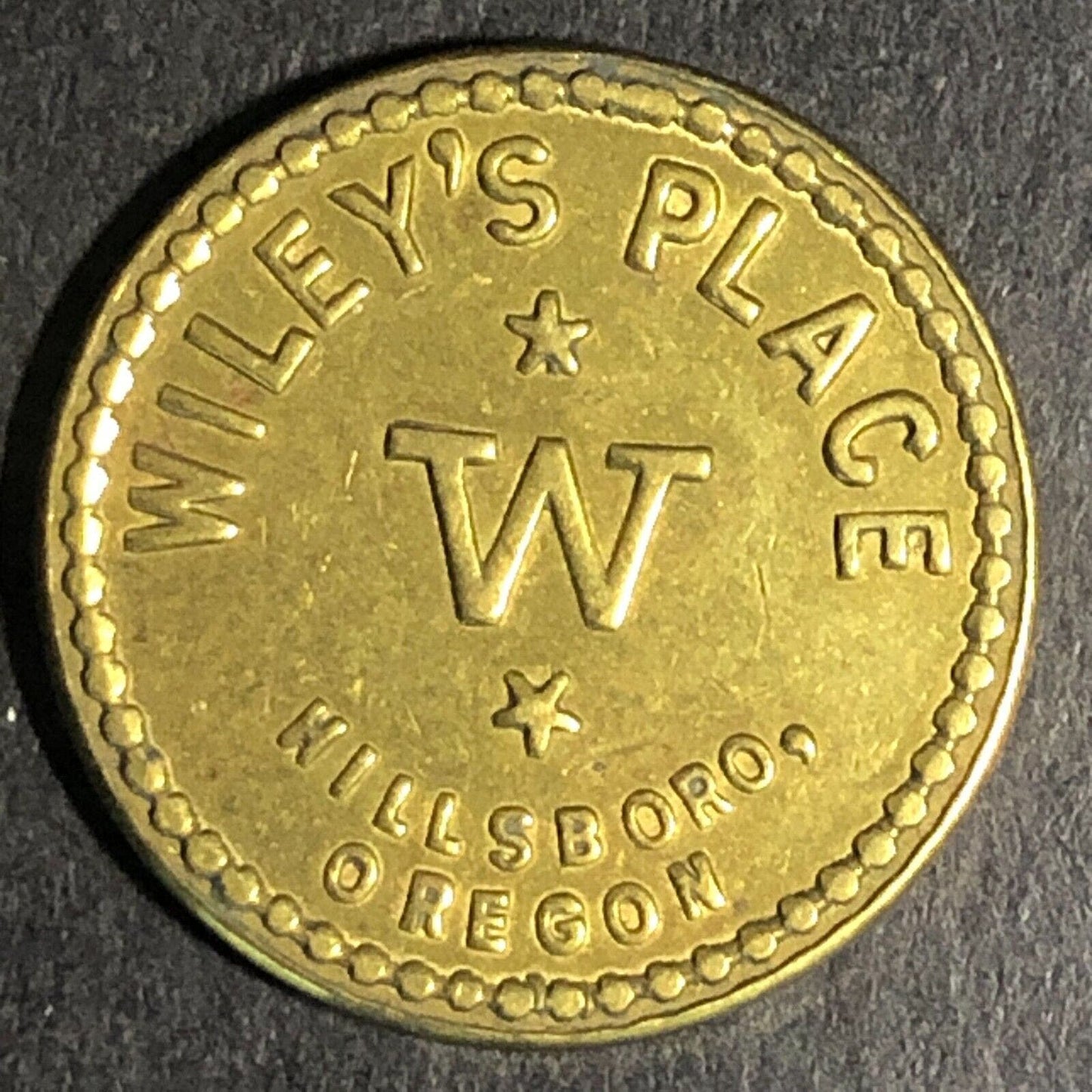 Wiley's Place - Hillsboro Oregon G/F 5c Brass Trade Token "W" 20mm