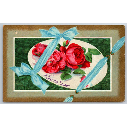 Easter Postcard "A Joyous Easter" w/ Roses Ribbons Gilt Emb.c1915
