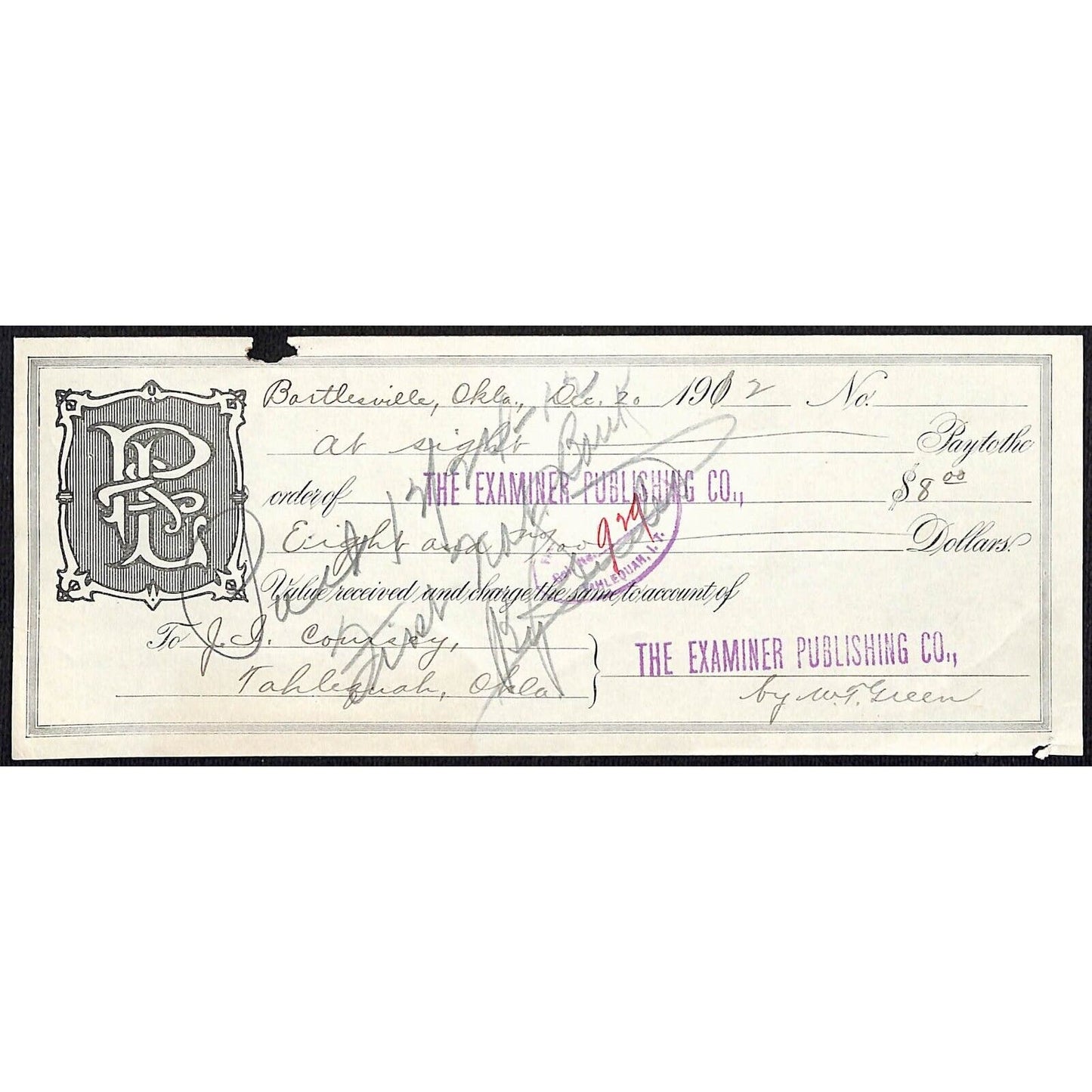 Bartlesville, OK 1902 ? 1912 Examiner Publishing Co. Check w/ I.T. Stamp Scarce