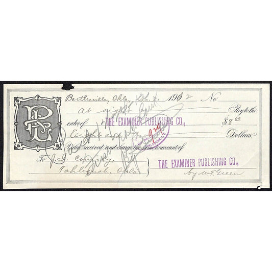 Bartlesville, OK 1902 ? 1912 Examiner Publishing Co. Check w/ I.T. Stamp Scarce