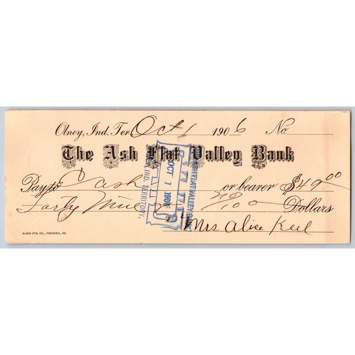 Olney, Okla. Indian Territory 1906 $49 Ash Flat Valley Bank Check - Ghost Town