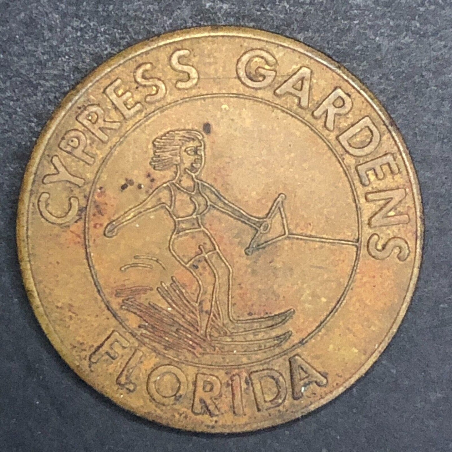 Cypress Gardens Florida Girl Water Skiing Brass Token 28mm