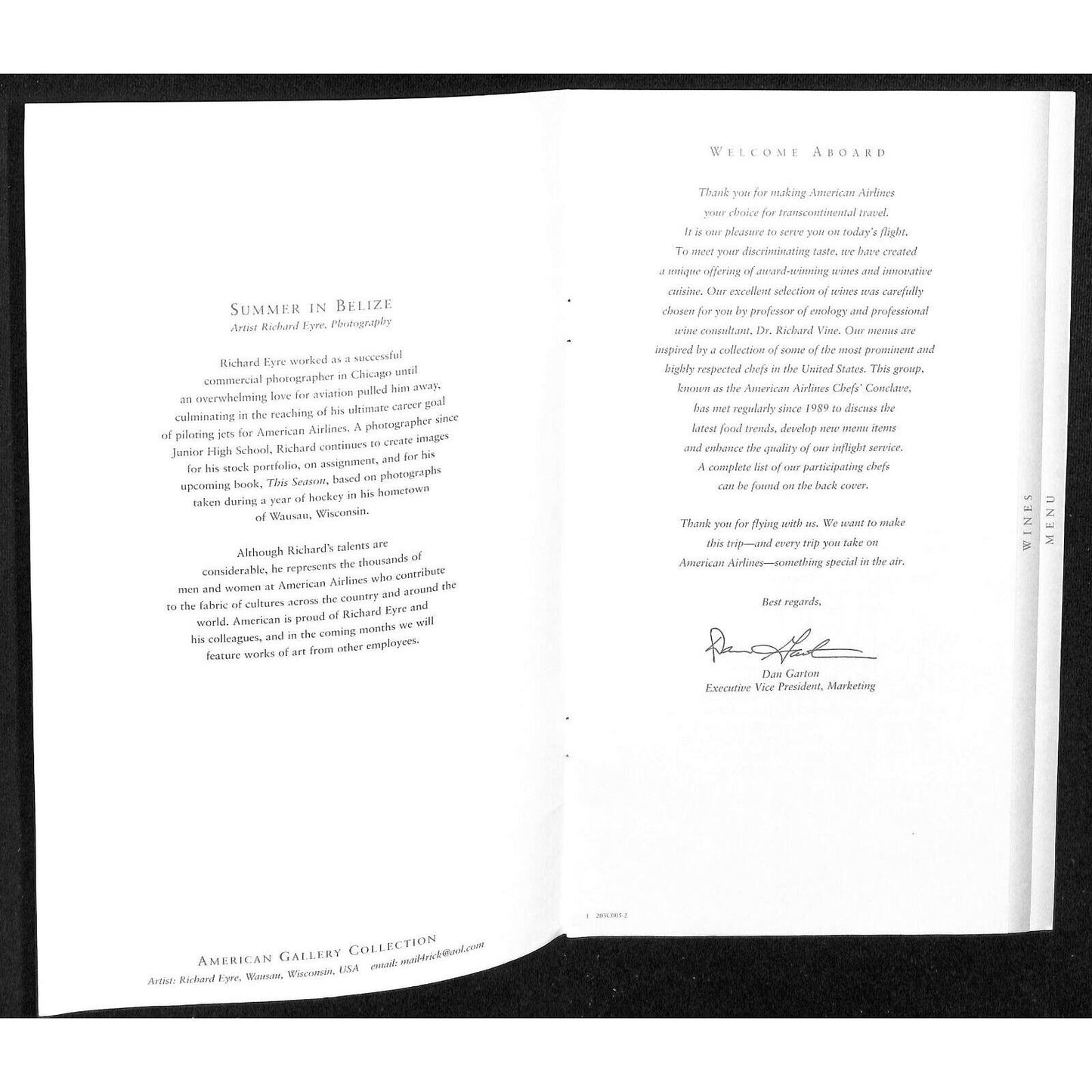 2003 American Airlines First Class Lunch, Entre & Wine Menu Richard Erye Photo