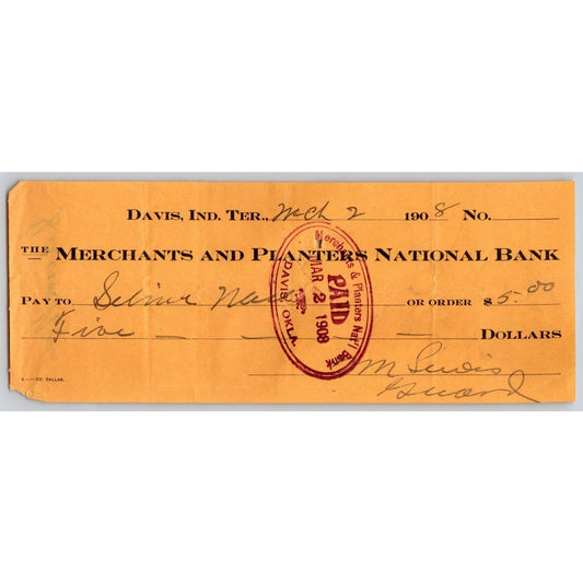 Davis, OK Indian Territory* 1908 Merchants and Planters Bank Check - Scarce
