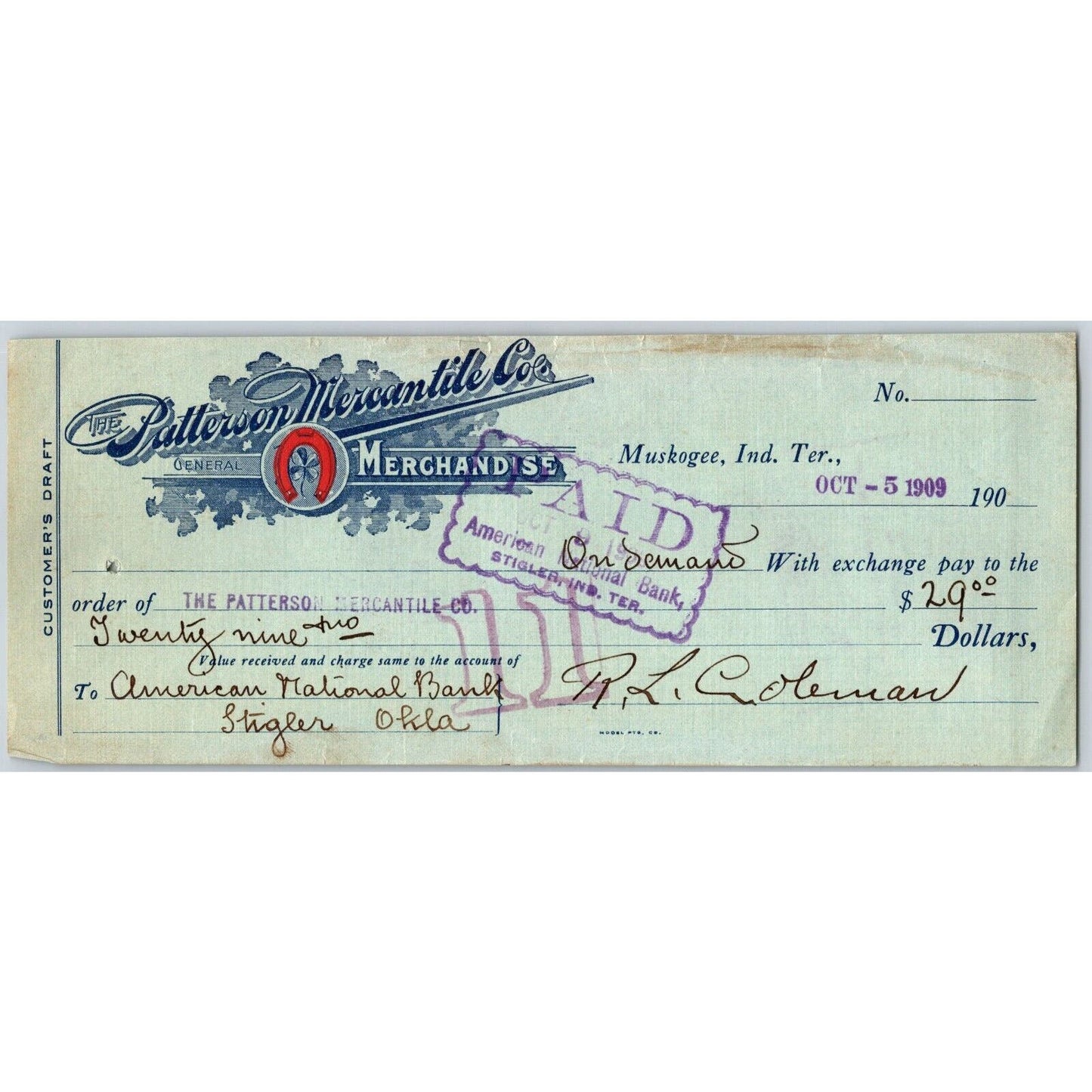 Muskogee, OK 1909 Indian Territory* Patterson Mercantile Co. Bank Check Scarce