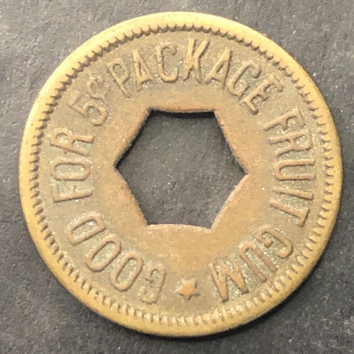 Good for a 5¢ Package of Fruit Gum Trade Token Brass 21mm