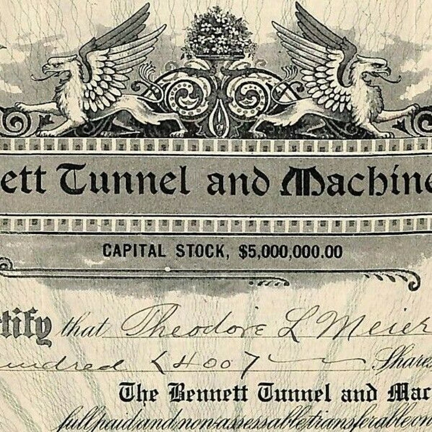 Vintage Stock Certificate 1909 Bennett Tunnel and Machine Co. Denver, CO #240