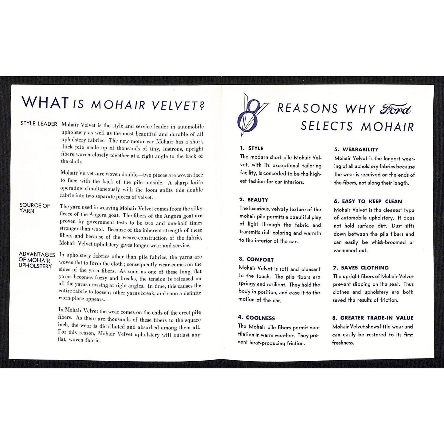 Mohair / Ford Single Sheet Brochure Pamphlet VGC c1934 Chicago World's Fair*