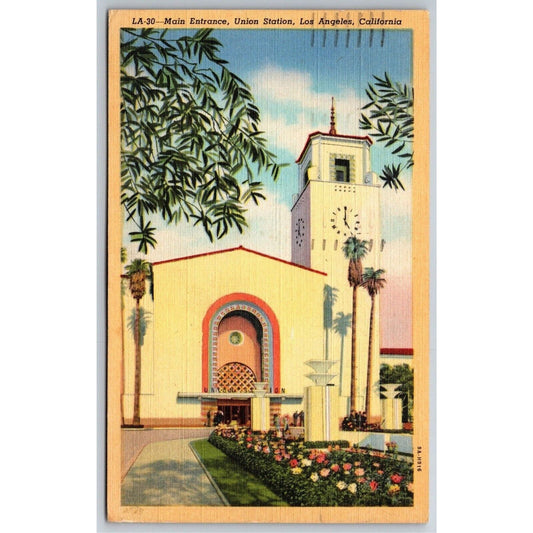 Main Entrance, Union Station Los Angeles Linen Postcard 1944 PM VGC