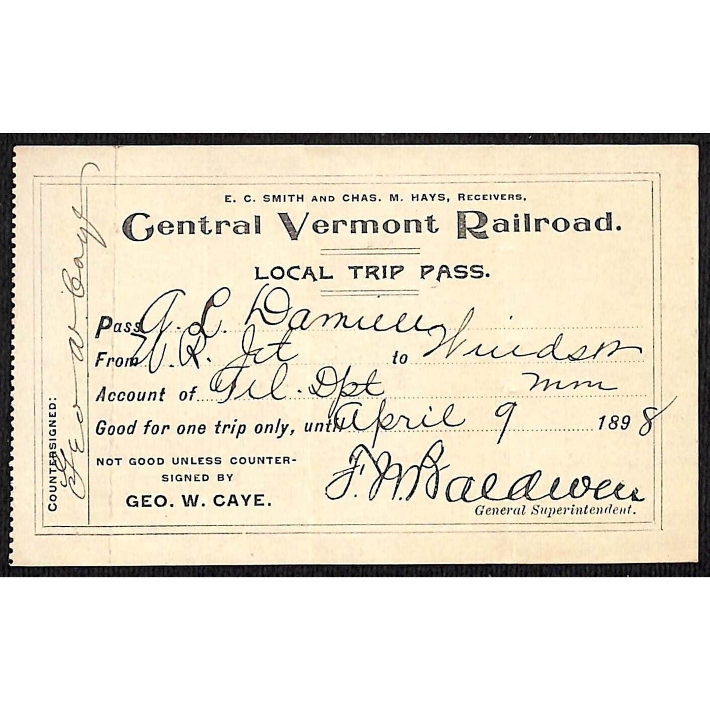 1898 Central Vermont Railroad Local Trip Pass