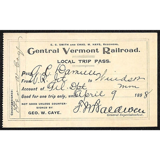 1898 Central Vermont Railroad Local Trip Pass