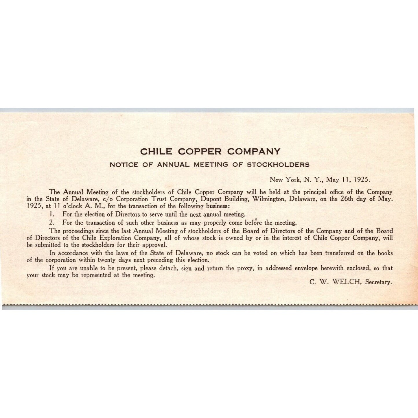 Chile Copper Company 1925 Annual Stockholder's Meeting Notice