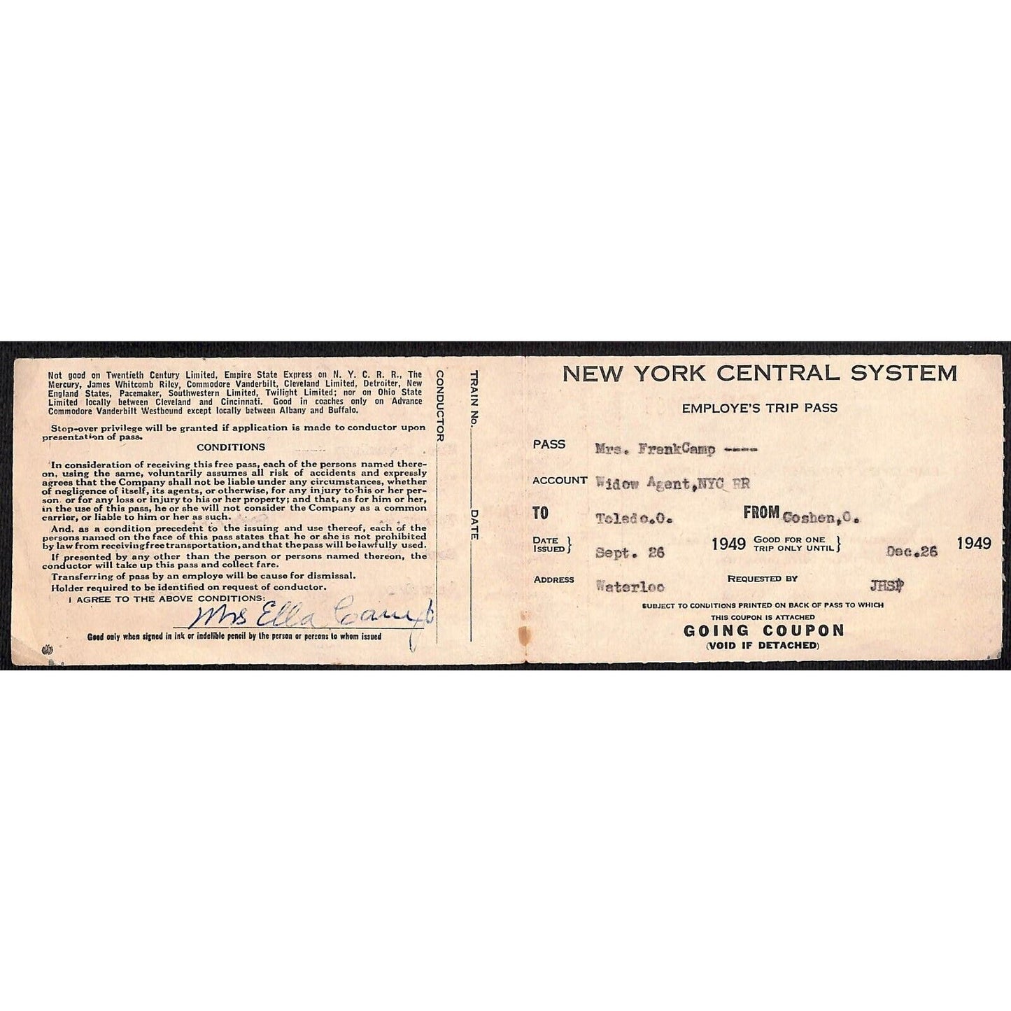 New York Central System Railroad 1949 Employe's Trip Pass #53295