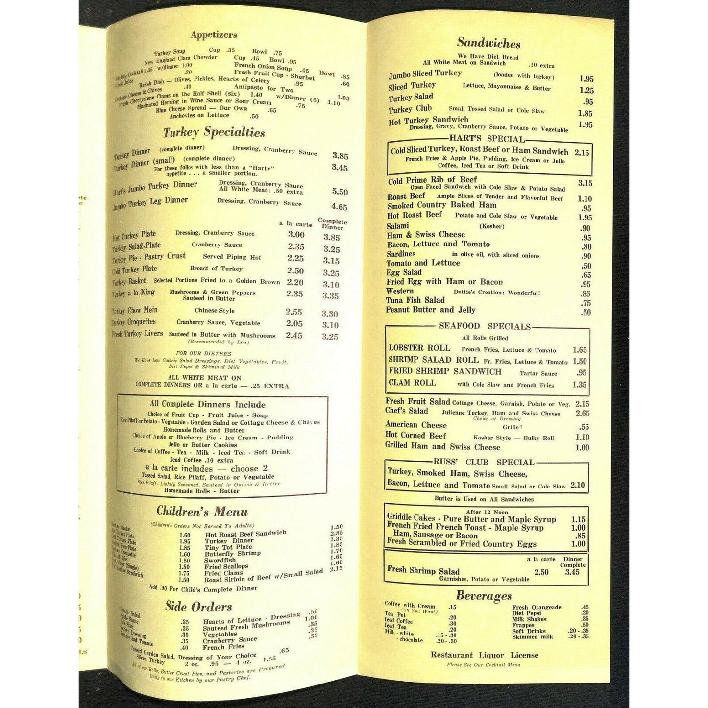 Hart's Menu Restaurant Meredith NH Scarce Vintage Large Turkey c1958-60's