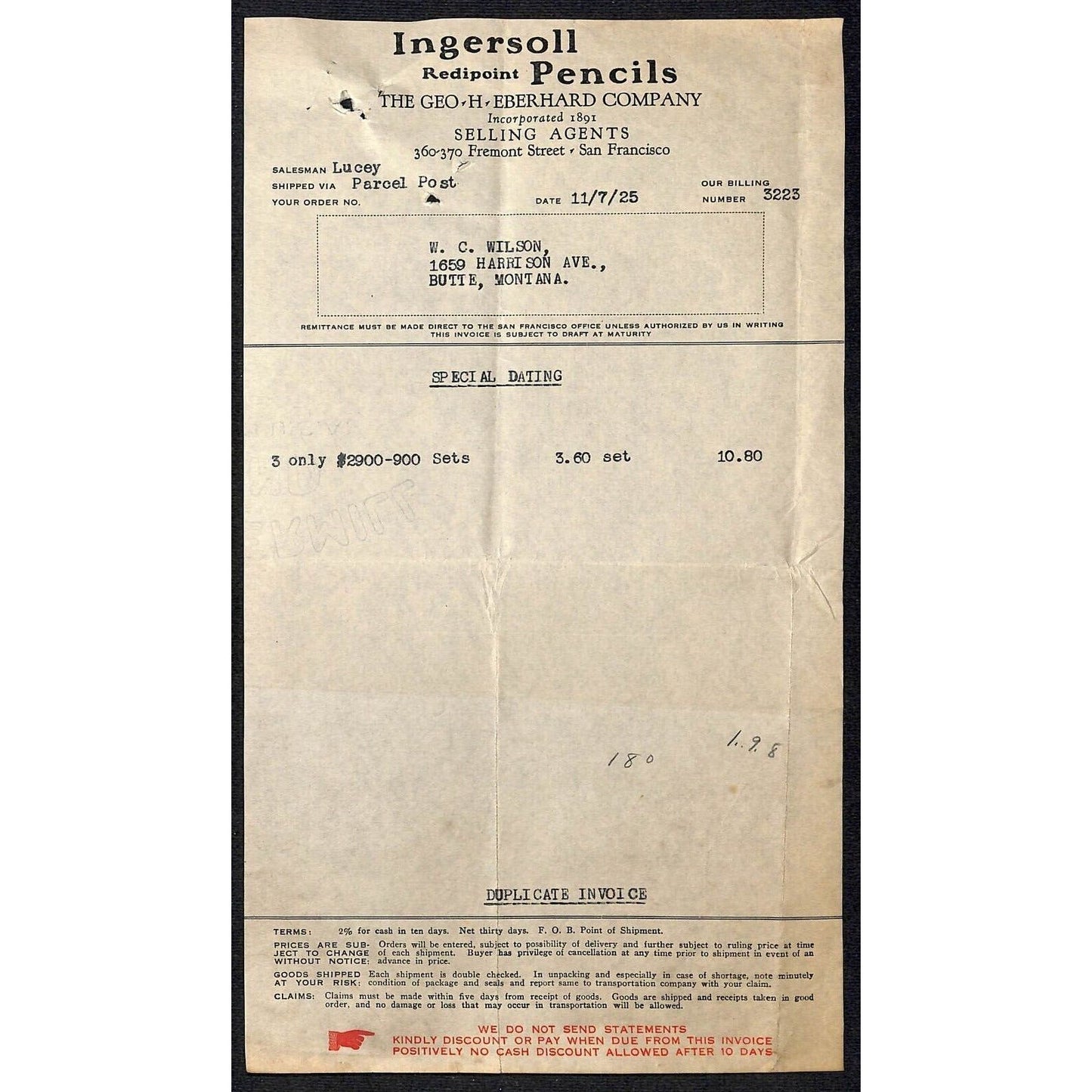 Ingersoll Pencils Eberhard Butte Montana 1925 Billhead Letterhead Wilson Drug