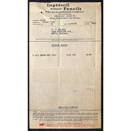 Ingersoll Pencils Eberhard Butte Montana 1925 Billhead Letterhead Wilson Drug