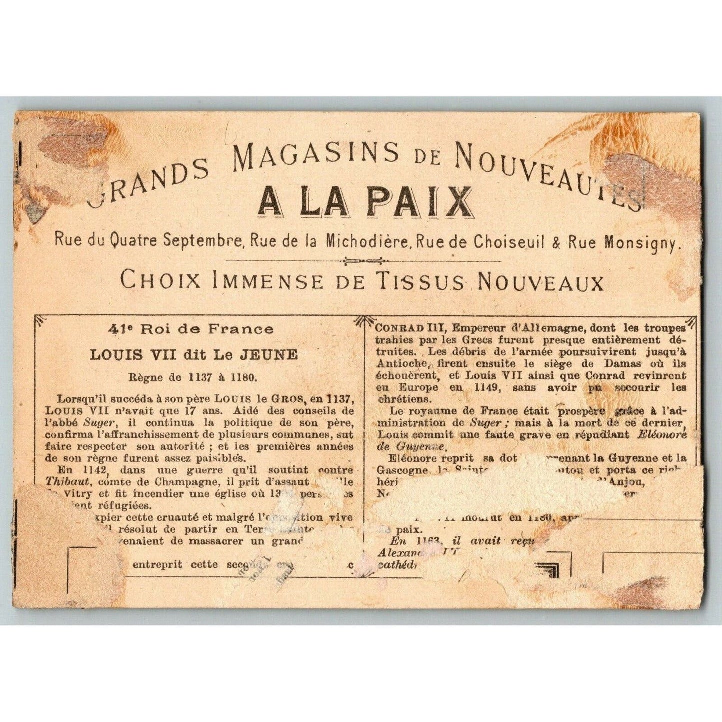French Victorian Trade Card - Louis VII le - Jeune Grands Magasins de Nouveautes