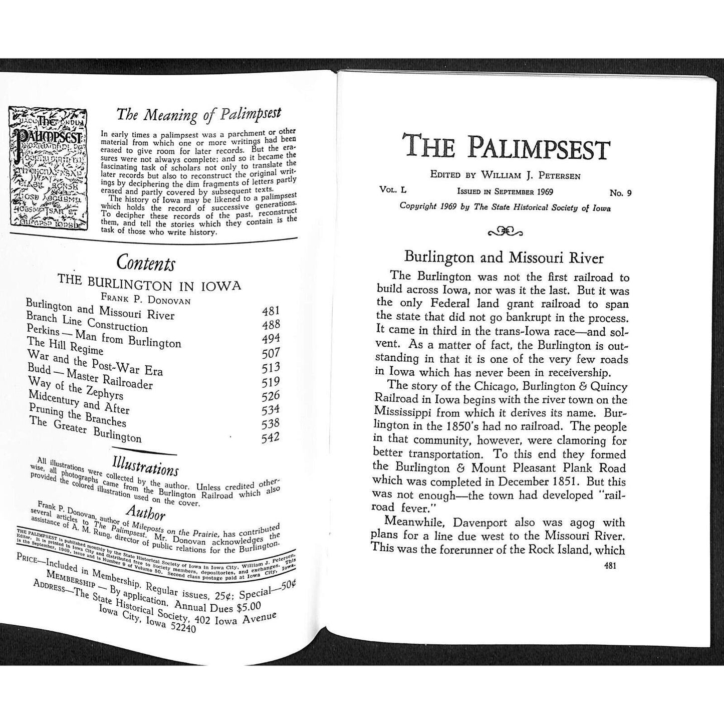 1969 "The Palimpsest" Magazine "The Burlington in Iowa" 60+ pp VGC