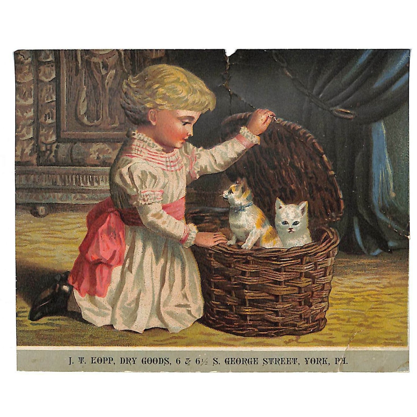 1880-90's Victorian Trade Card J.T. Kopp Dry Goods York, PA Kittens in a Basket