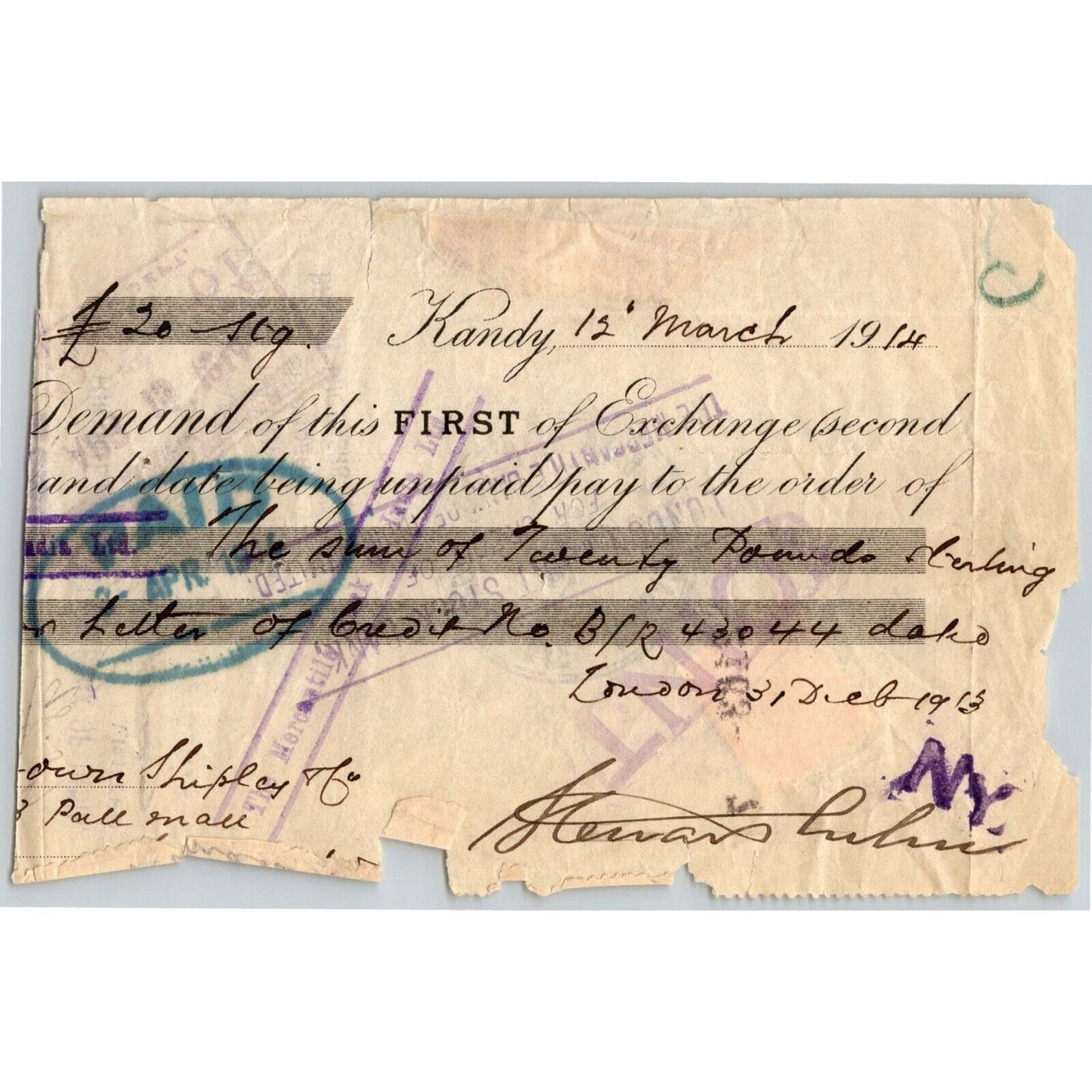 1914 Mercantile Bank of India / Brown, Shipley & Co. London - Bank Check