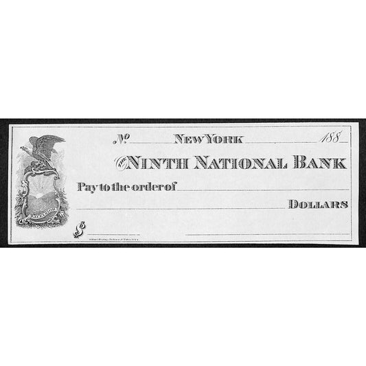 Ninth National Bank New York 1880's Unused Bank Check Eagle Excelsior Vignette